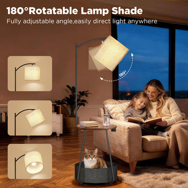 LUTEC Floor Lamp with Table, End Table with Charging Station(USB & Type-C & AC Port), Round SideTable with Fabric Basket, 3 Color Temperatures 9W LED Bulb, Modern Nightstand for Bedroom, Living Room