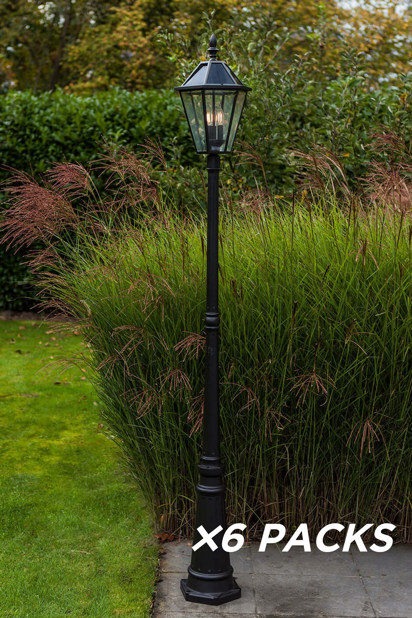 6 Packs LUTEC-LONDON Single Head Die-Cast Aluminum LED Outdoor Solar Powered Street Light (Head & Pole), 300LM, Up To 8hour Runtime, 2700K