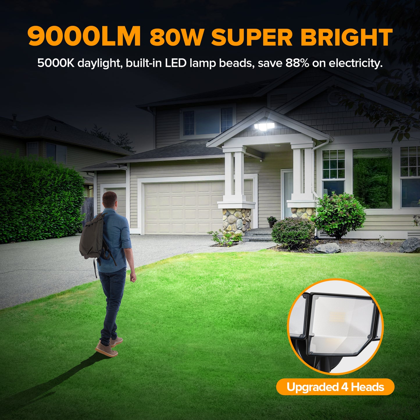 LUTEC 80W Dusk to Dawn Flood Lights Outdoor, 9000LM Super Bright LED Security Light with Photocell, IP65 Waterproof, 5000K Daylight, 4 Heads Floodlight for Garage, Yard (Black)