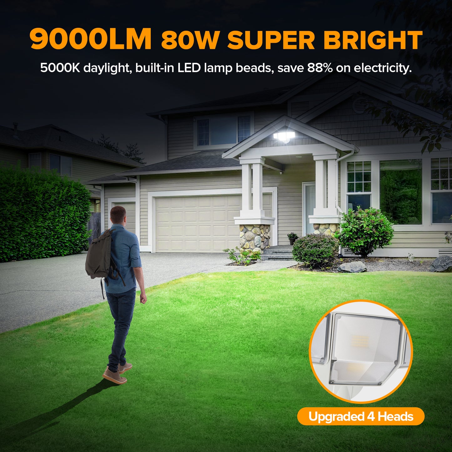 LUTEC 80W Dusk to Dawn Flood Lights Outdoor, 9000LM Super Bright LED Security Light with Photocell, IP65 Waterproof, 5000K Daylight, 4 Heads Floodlight for Garage, Yard, Patio (White)