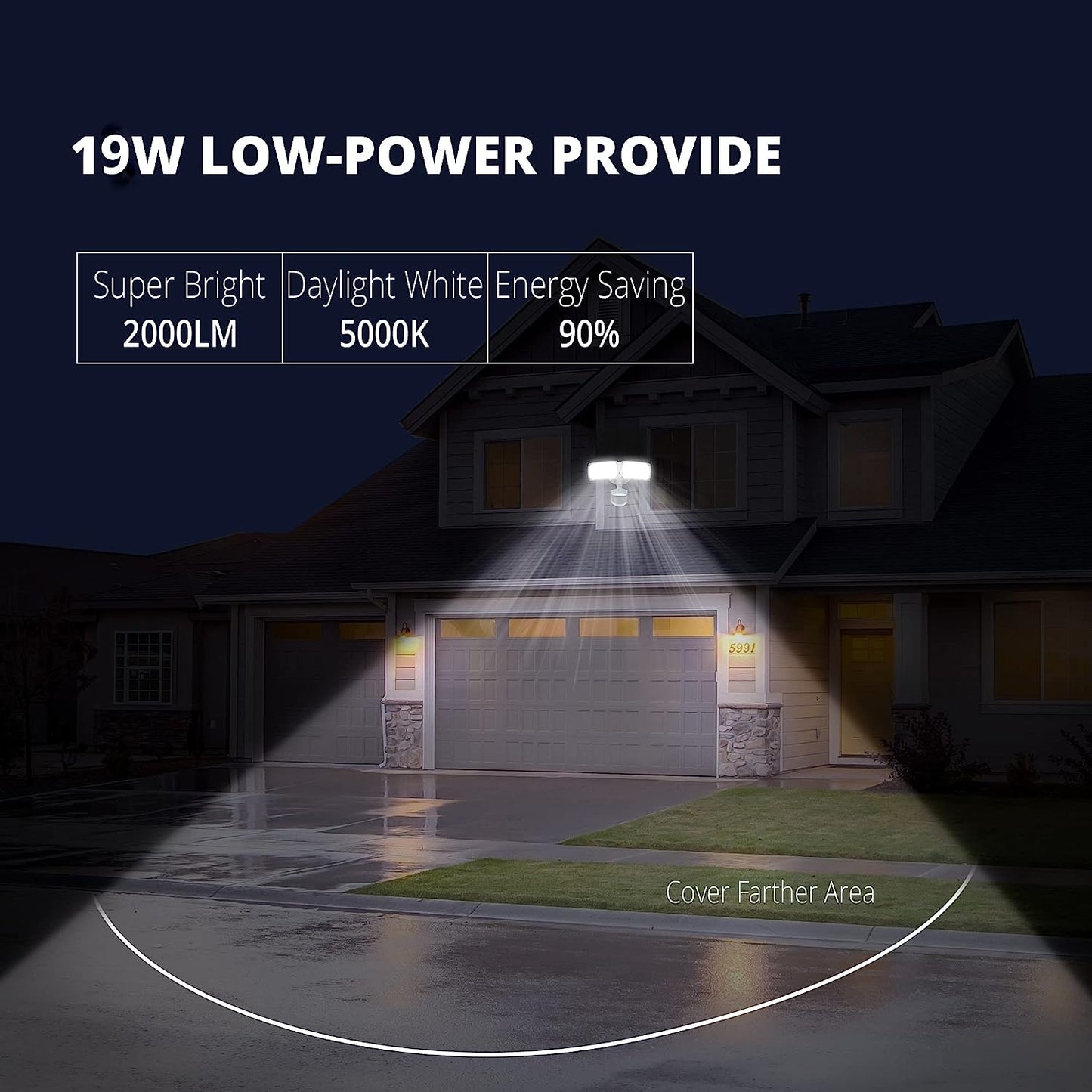 UME 2 Pack 19W LED Flood Light Motion Sensor Outdoor, 2 Adjustable Head, 2000LM, 5000K, IP65 Waterproof, Dusk to Dawn Security Light with Photocell for Exterior,Outside,Garage,House(White)
