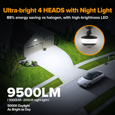 LUTEC 84W 9500LM LED Security Lights Motion Sensor Outdoor Lights with Night Light, 4 Head LED Flood Lights Outdoor 5000K Daylight, IP65 Waterproof, Motion Detected Lights for Outside (Black)