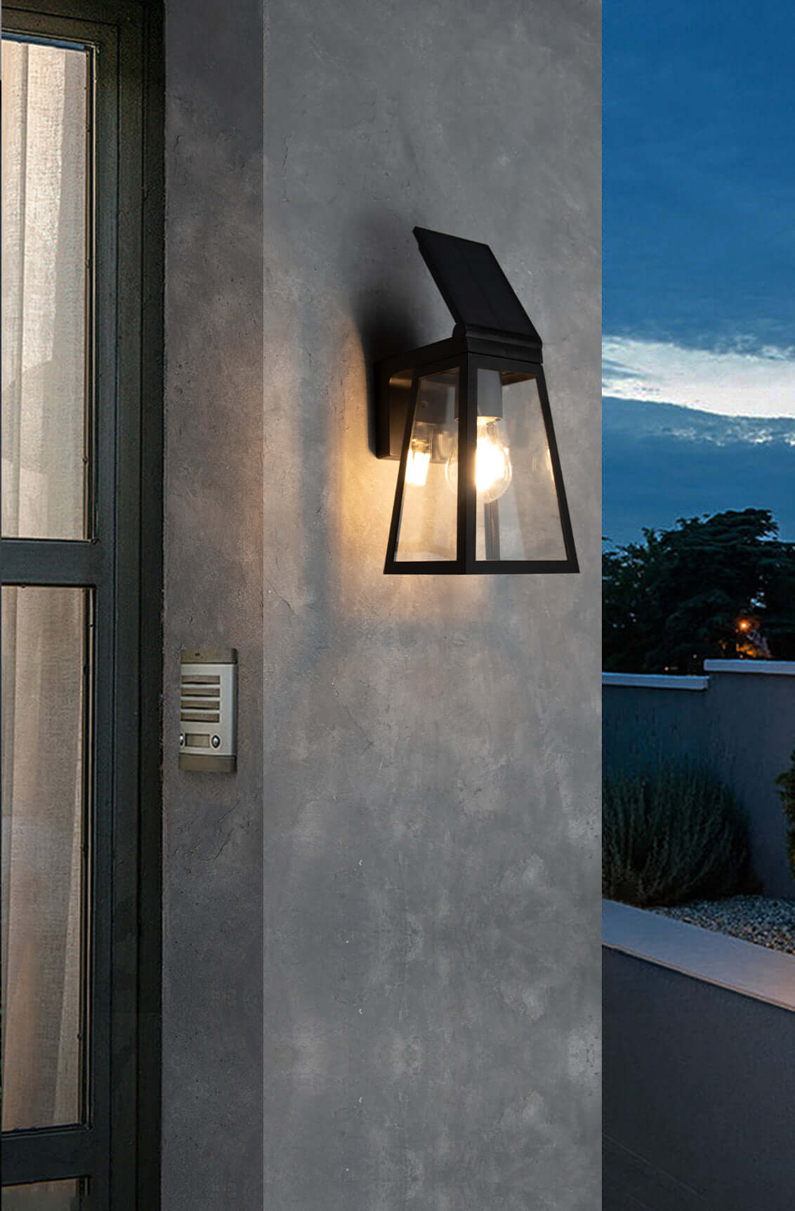 LUTEC Solar Porch Light, Wireless Dusk to Dawn Outdoor Wall Lights Fixture with Adjustable Solar Panel, Black Wall Sconce, Waterproof Exterior Lighting with Clear Glass for Entryway Garage