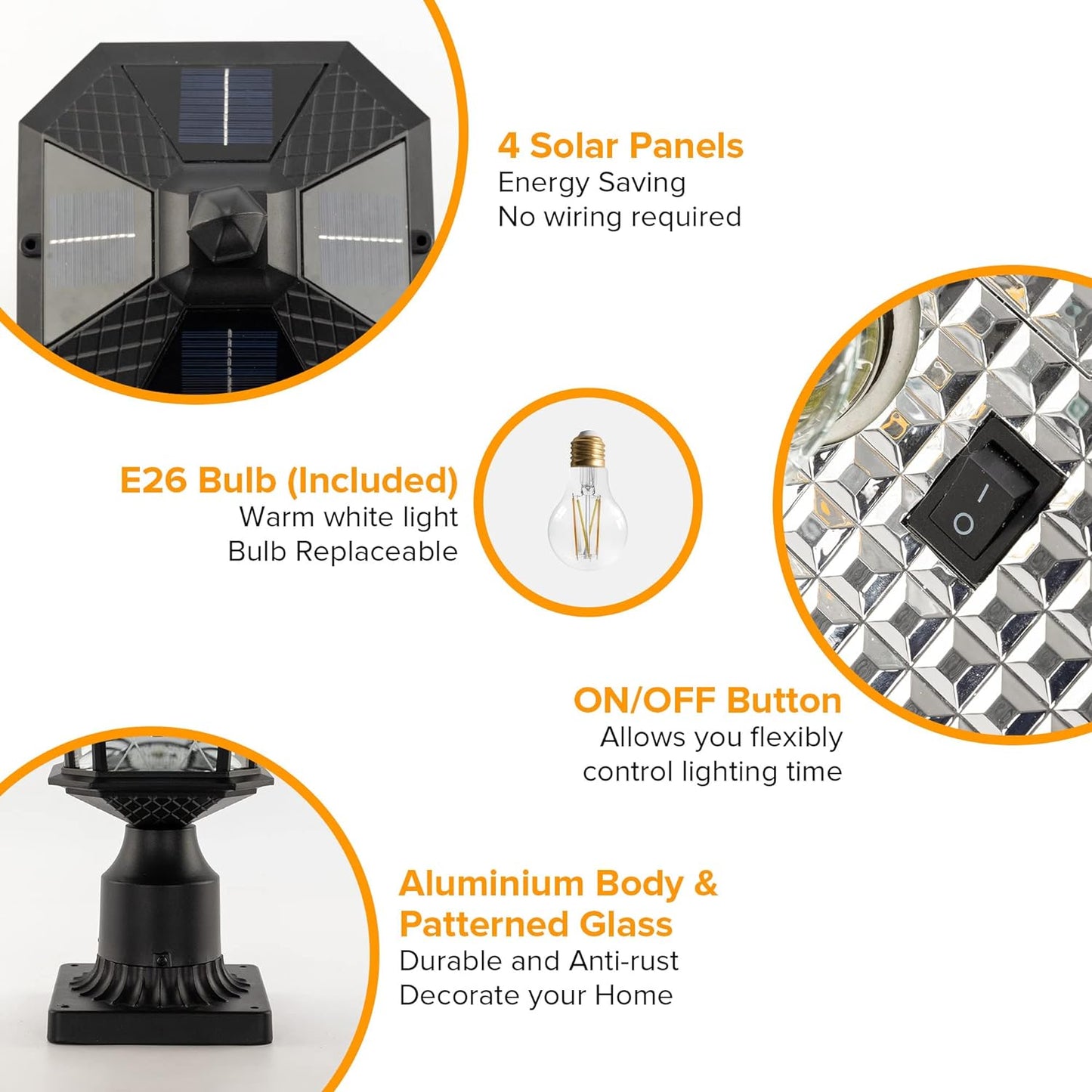 LUTEC-Single Head Outdoor Solar Post Light with Pier Mount Base, Dusk to Dawn, 200LM, 2700K, 3.7V, Up To 8hour Runtime, Black(Head+Base)