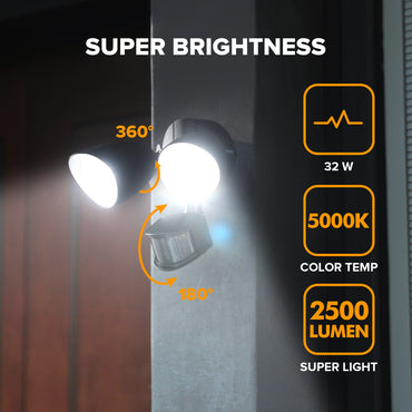 UME 2 Pack 32W 2500 Lumen LED Security Lights Motion Sensor Light Outdoor, 5000K Daylight, IP65 Waterproof, Dusk to Dawn, Motion Detector Flood Light for Garage, Yard, Porch-Black