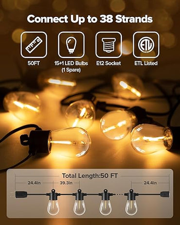 UME 50FT Outdoor String Lights S14 LED Patio Lights with 16 Shatterproof Edison Vintage Bulbs(1 Spare), Waterproof Connectable Hanging Lights for Porch, Deck, Garden, Black, 6103001330