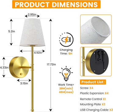 LUTEC Battery Operated Wall Sconce Set of 2,Rechargeable Wall Sconce, 12 Colors Wireless Wall Sconces with 5200mAh RGB Dimmable and Remote,Rechargeable Sconces Decor for Bedroom/Living Room/Hallway