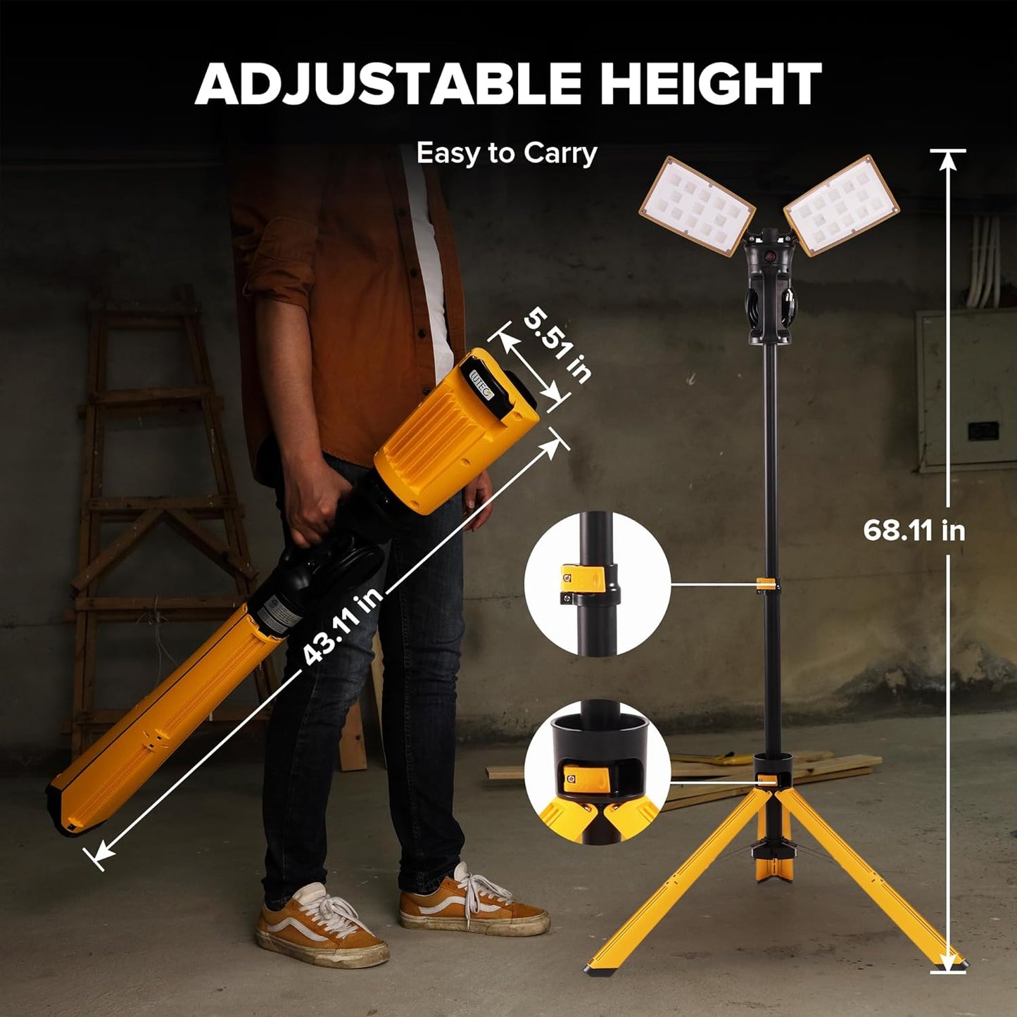 LUTEC 【Upgraded】5000K 12000 Lumen 105 Watt Dual-Head LED Work Light with Telescoping Tripod, Work Light with Stand Rotating Waterproof Lamps and 8 Ft 3-Prong Power Cord