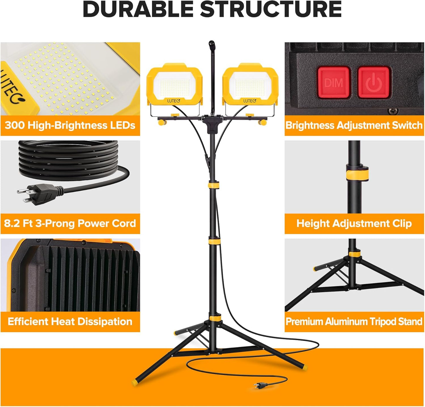 LUTEC 25000 Lumen LED Work Lights with Stand, Dual Head Dimmable Work Light with 6 Brightness Levels, IP65 Waterproof Rotating WorkLights with Telescoping Tripod and 8.2 Ft 3-Prong Power Cord