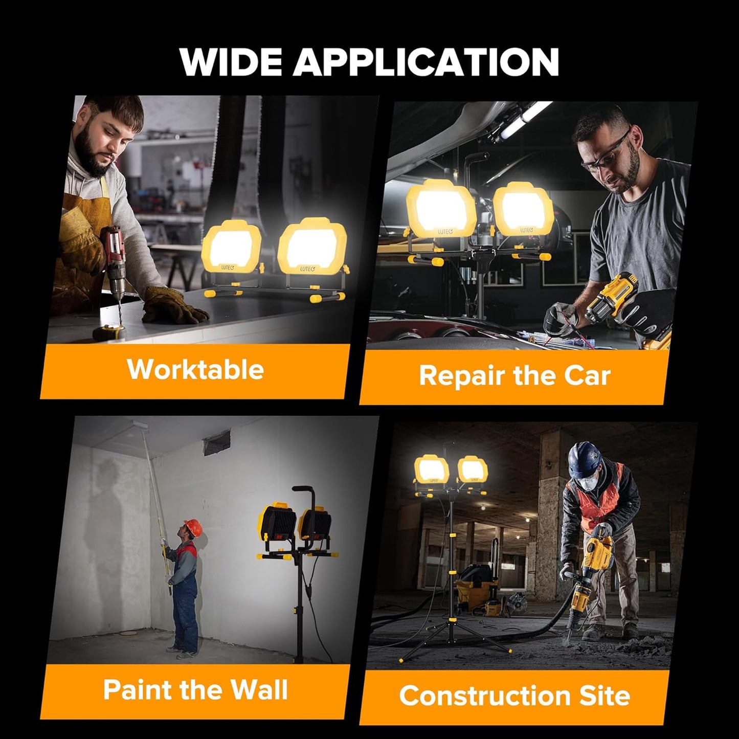 LUTEC 25000 Lumen LED Work Lights with Stand, Dual Head Dimmable Work Light with 6 Brightness Levels, IP65 Waterproof Rotating WorkLights with Telescoping Tripod and 8.2 Ft 3-Prong Power Cord