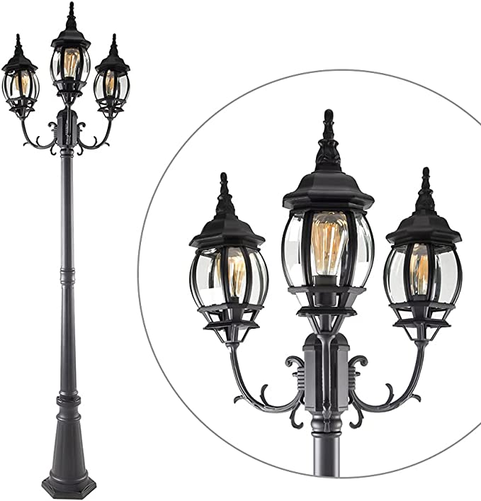 LUTEC-VINTAGE 3-Head Die-Cast Aluminum LED Outdoor Hard Wired Street Light (Head & Pole)