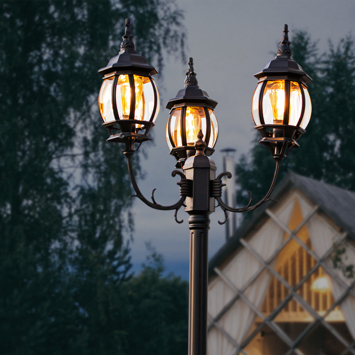 LUTEC-VINTAGE 3-Head Die-Cast Aluminum LED Outdoor Hard Wired Street Light (Head & Pole)