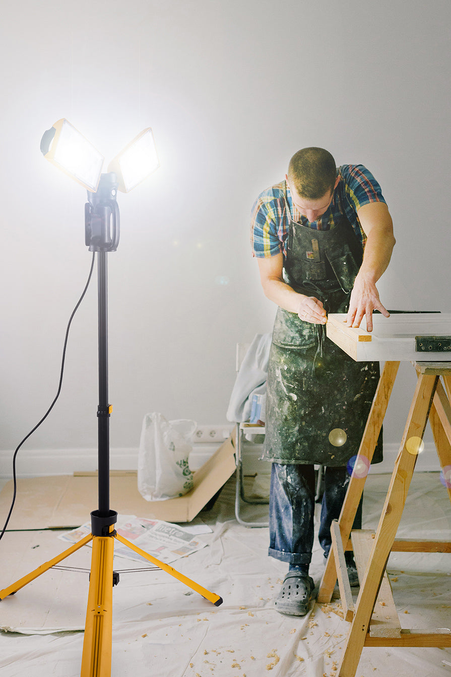 LUTEC 【Upgraded】5000K 12000 Lumen 105 Watt Dual-Head LED Work Light with Telescoping Tripod, Work Light with Stand Rotating Waterproof Lamps and 8 Ft 3-Prong Power Cord