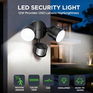 LUTEC Shrimp 12W PIR LED Security Light, 1250LM 5000K Outdoor Wall Light with Sensor, Twin-Head Integrated Floodlight, Mains Powered Exterior Lighting for Patio Garden Yard, Black [Energy Class E]