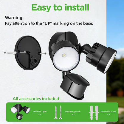 LUTEC Shrimp 12W PIR LED Security Light, 1250LM 5000K Outdoor Wall Light with Sensor, Twin-Head Integrated Floodlight, Mains Powered Exterior Lighting for Patio Garden Yard, Black [Energy Class E]