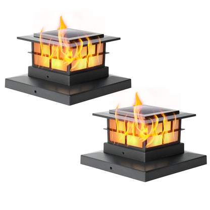 LUTEC Solar Post Cap Lights, IP65 Waterproof Solar Flame Fence Post Lights for 4x4 5x5 6x6 Wooden/Vinyl Posts, Flickering Flame Warm White 3000K LED Lighting Decor for Yard, Patio, Deck,Black