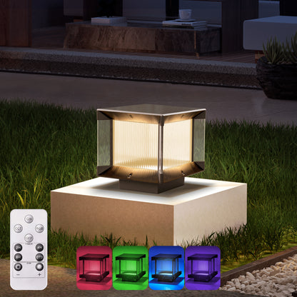 LUTEC Solar Post Lights Outdoor, Dusk to Dawn Solar Lamp Post Light with Remote Control, Waterproof RGB Color Changing Post Light Solar Powered, Column Lights Pillar Lights for Outside Flat Surface