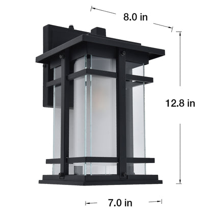 LUTEC 13" Dusk to Dawn Outdoor Wall Sconce, Matte Metal Frame and Double Glazing, Craftsman Style Outdoor Light Fxture with E26 Base, Waterproof Porch Light for Doorway