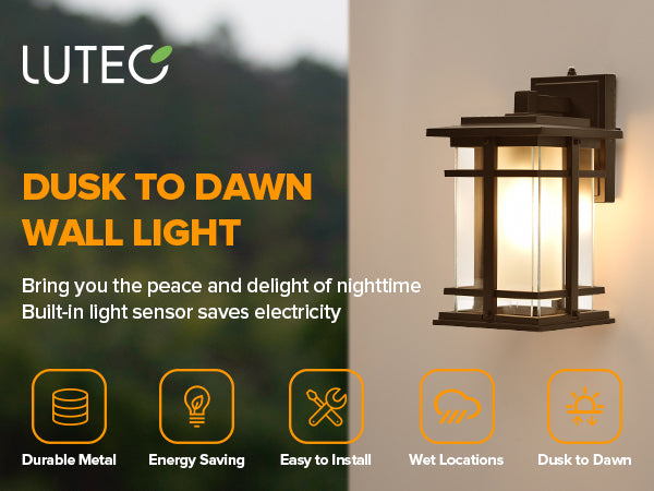 LUTEC 13" Dusk to Dawn Outdoor Wall Sconce, Matte Metal Frame and Double Glazing, Craftsman Style Outdoor Light Fxture with E26 Base, Waterproof Porch Light for Doorway