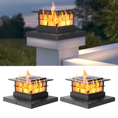 LUTEC Solar Post Cap Lights, IP65 Waterproof Solar Flame Fence Post Lights for 4x4 5x5 6x6 Wooden/Vinyl Posts, Flickering Flame Warm White 3000K LED Lighting Decor for Yard, Patio, Deck,Black