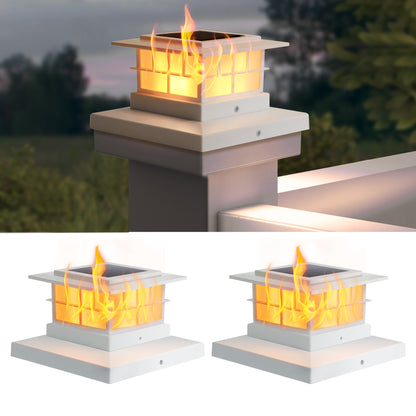 LUTEC （2/6） Pack Solar Post Cap Lights, IP65 Waterproof Solar Flame Fence Post Lights for 4x4 5x5 6x6 Wooden/Vinyl Posts, Flickering Flame Warm White 3000K LED Lighting Decor for Yard, Patio, Deck White