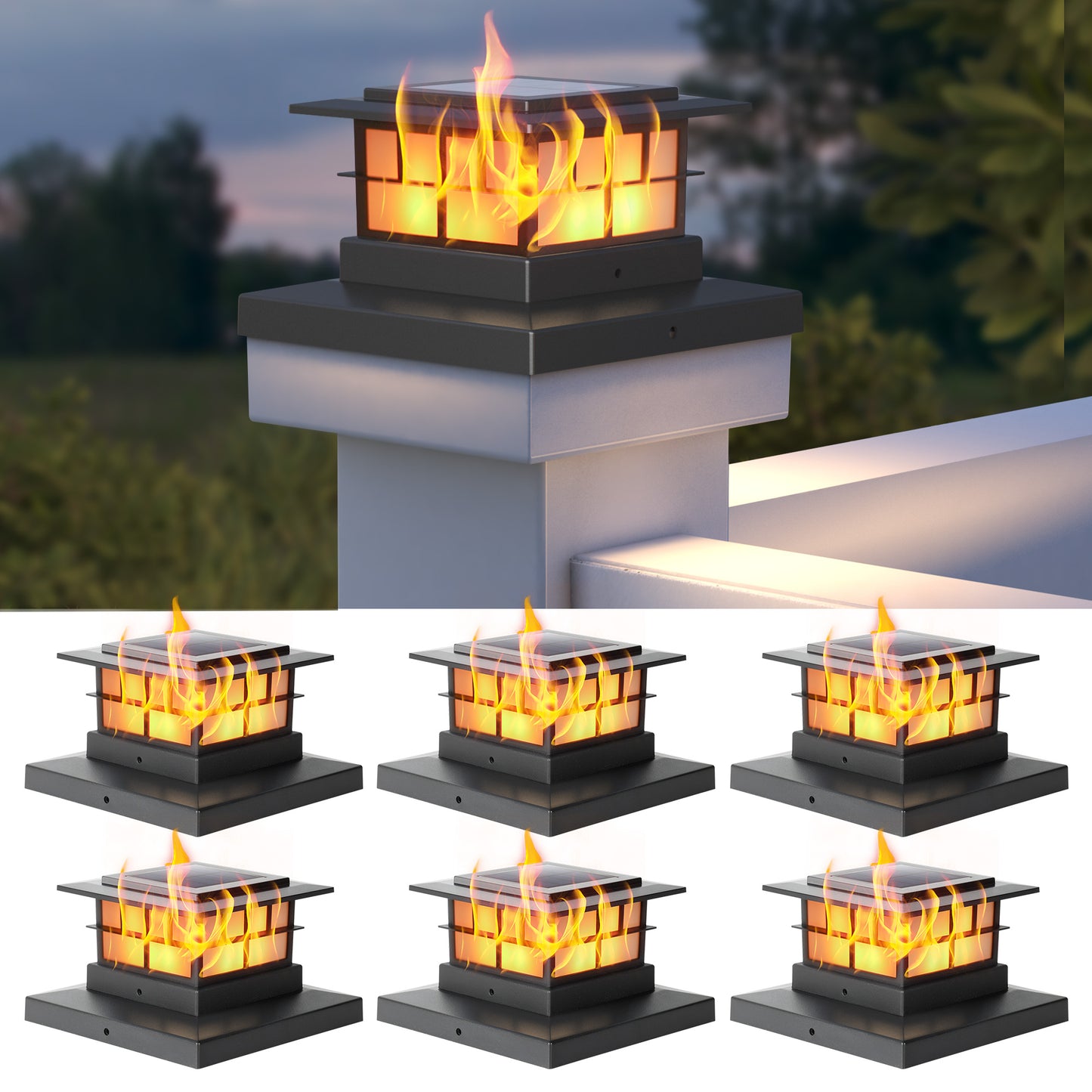 LUTEC Solar Post Cap Lights, IP65 Waterproof Solar Flame Fence Post Lights for 4x4 5x5 6x6 Wooden/Vinyl Posts, Flickering Flame Warm White 3000K LED Lighting Decor for Yard, Patio, Deck,Black