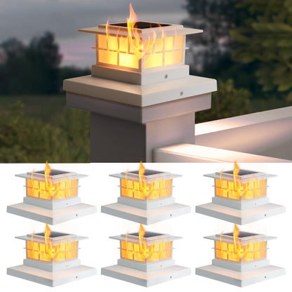 LUTEC （2/6） Pack Solar Post Cap Lights, IP65 Waterproof Solar Flame Fence Post Lights for 4x4 5x5 6x6 Wooden/Vinyl Posts, Flickering Flame Warm White 3000K LED Lighting Decor for Yard, Patio, Deck White