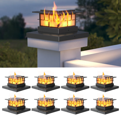 LUTEC Solar Post Cap Lights, IP65 Waterproof Solar Flame Fence Post Lights for 4x4 5x5 6x6 Wooden/Vinyl Posts, Flickering Flame Warm White 3000K LED Lighting Decor for Yard, Patio, Deck,Black
