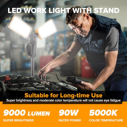 LUTEC 【Upgraded】 6290Pro 9000 Lumen 90 Watt Dual-Head LED Work Light with Telescoping Tripod, Work Light with Stand Rotating Waterproof Lamps and 8 Ft 3-Prong Power Cord