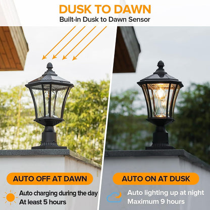 LUTEC Outdoor Solar Lamp Post Light with Pier Mount Base, Dusk to Dawn Waterproof Pole Light Head with Patterned Glass, Exterior Black Solar Powered Fence Post Light Fixtures for Outside