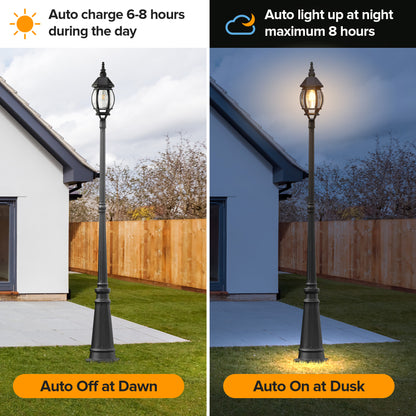 LUTEC Solar Lamp Post Light, Dusk to Dawn Waterproof Pole Light with Clear Glass, Aluminium Exterior Vintage Black Solar Powered Street Light Fixtures for Garden, Driveway, Pathway(Bulb Included)