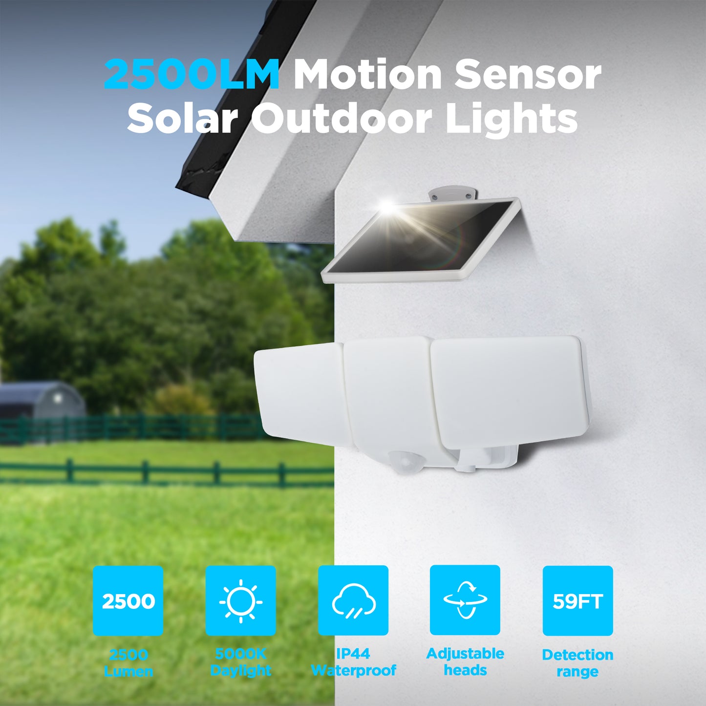 Lutec 3600LM Solar Security Lights, 5000K waterproof Dimmable LED Motion Sensor Outdoor Lights, 3 Adjustable Heads w/16ft Cable, Separate Solar Panel with 3 Modes Solar Flood Lights for Yard, Garage