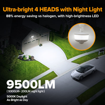 LUTEC 84W 9500LM LED Security Lights Motion Sensor Outdoor Lights with Night Light, 4 Head LED Flood Lights Outdoor 5000K Daylight, IP65 Waterproof, Motion Detected Lights for Outside (White)