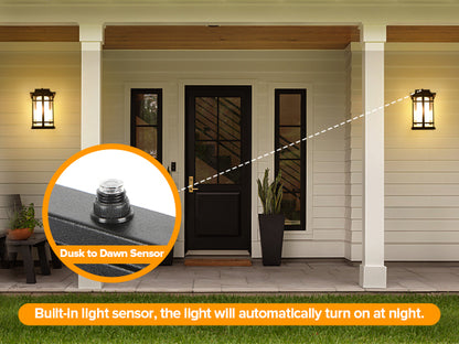 LUTEC 13" Dusk to Dawn Outdoor Wall Sconce, Matte Metal Frame and Double Glazing, Craftsman Style Outdoor Light Fxture with E26 Base, Waterproof Porch Light for Doorway