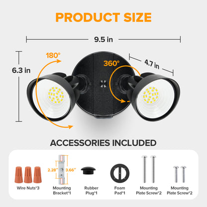 UME 27W 3000LM Dusk to Dawn Flood Lights Outdoor, Waterproof Dual Head Hardwired Security Light for House, Metal Design, Black