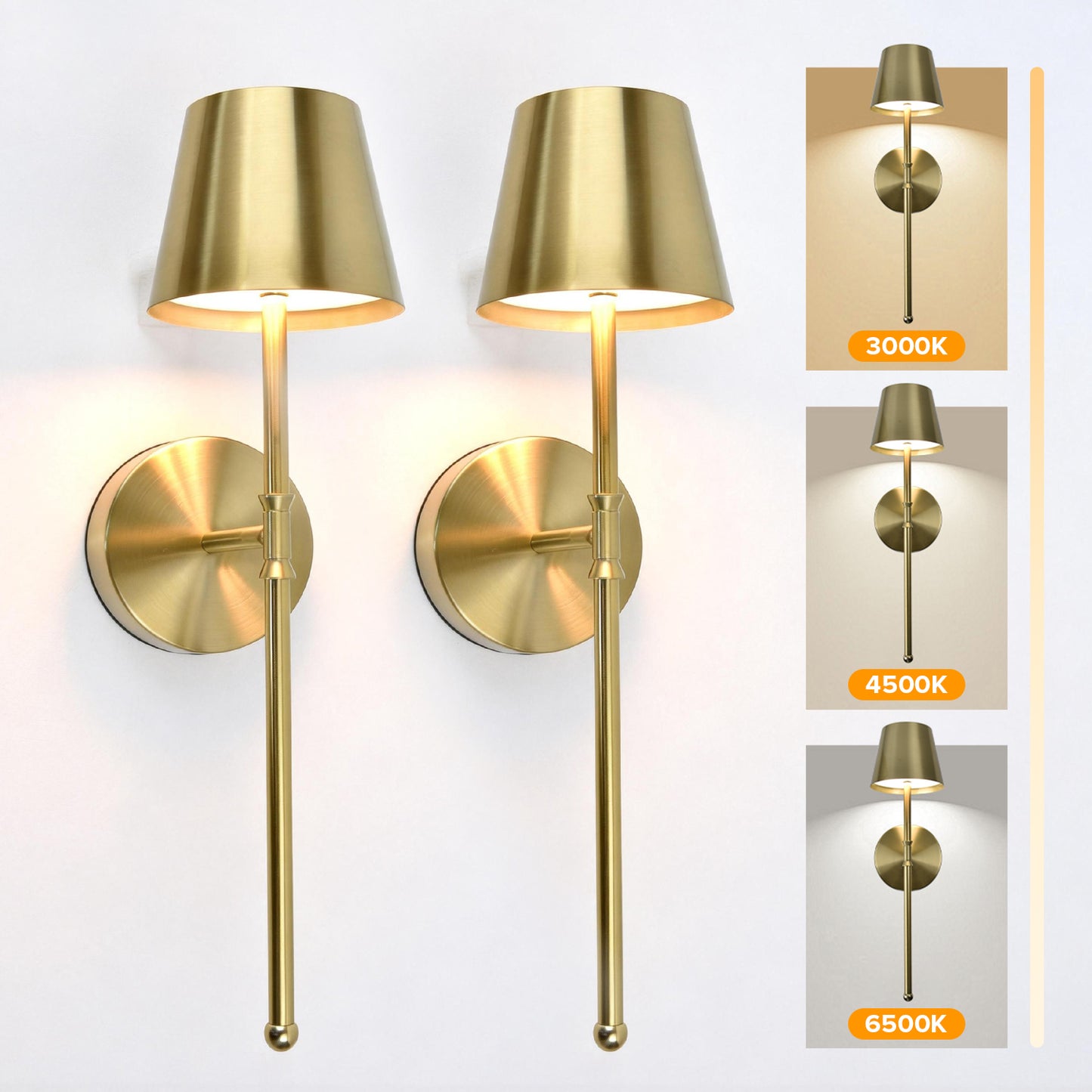UME Wireless Sconces Set of 2 with Remote, 5200mAh Battery Powered Sconces - Rechargeable Sconces w/ 3 Color Temps & 5 Brightness Levels for Bedroom, Living Room, Wall Painting, Cafe(Gold)