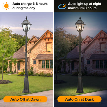 LUTEC Outdoor Solar Lamp Post Light, Dusk to Dawn 300LM Waterproof Lamp Post with 4 Pcs Glass, Exterior Solar Powered Street Light for Garden, Patio, Yard(Brown)