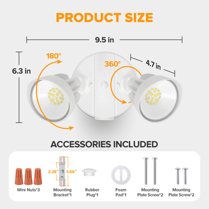 UME 28W 3000LM 28 LED Outdoor Flood Lights, Waterproof Adjustable Dual Head floodlight for Garage Yard Porch, Metal Design, White