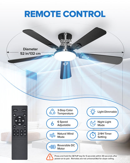 UME 52" Ceiling Fan with Lights & Remote, 6 Blades Low Profile Ceiling Fan, Quiet DC Motor, Natural Wind, 6 Speeds, 3CCT Dimmable 20W LED Modern Ceiling Fan for Bedroom, Living Room