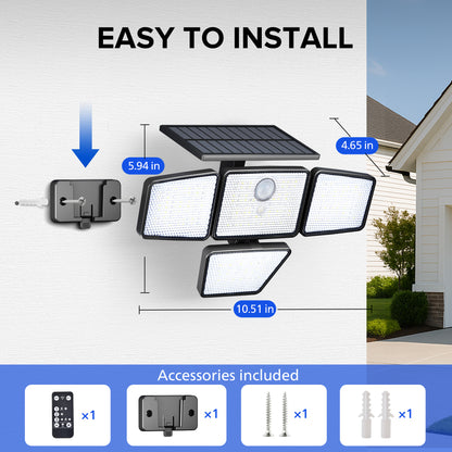 （1/2/4 PACK）UME Solar Security Light Outdoor, 196 LED Wall-Mounted Flood Light With Motion Sensor, 3 Modes, 4 Adjustable Heads Solar-Powered Floodlights with Remote Control, Waterproof
