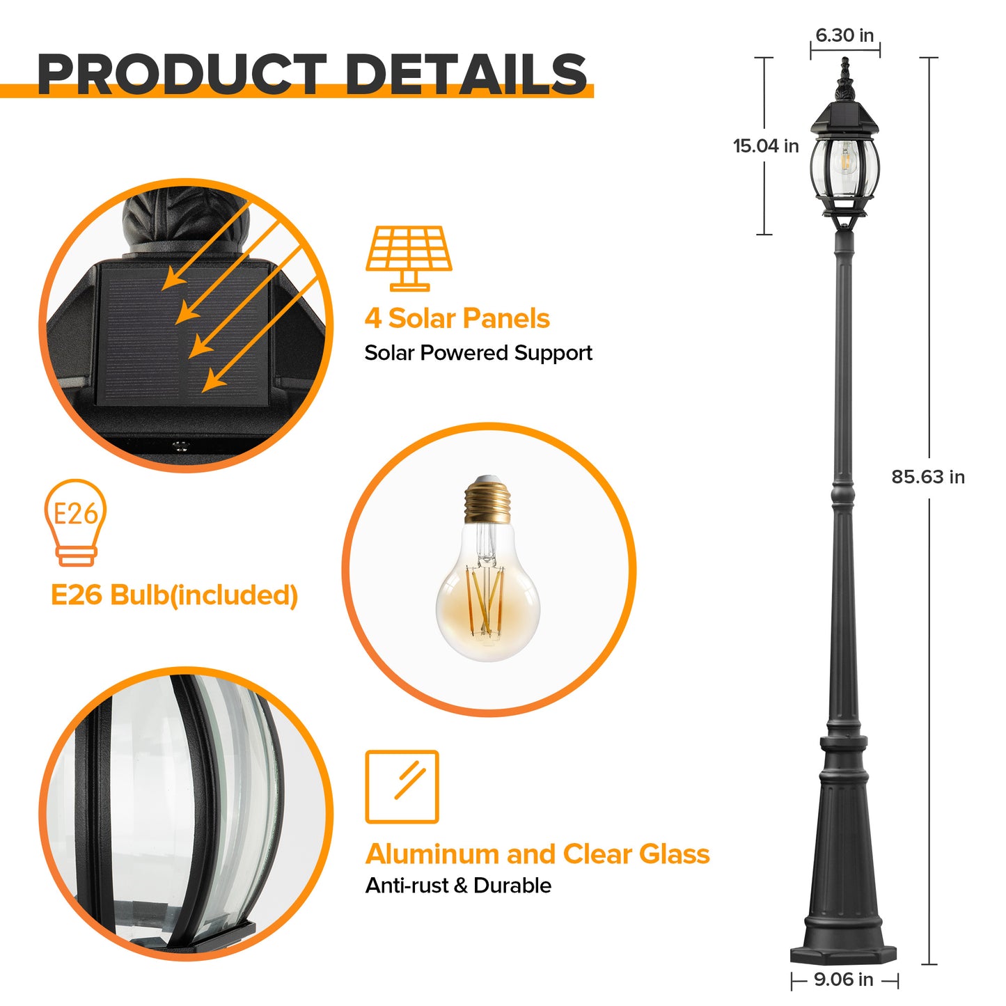 LUTEC Solar Lamp Post Light, Dusk to Dawn Waterproof Pole Light with Clear Glass, Aluminium Exterior Vintage Black Solar Powered Street Light Fixtures for Garden, Driveway, Pathway(Bulb Included)