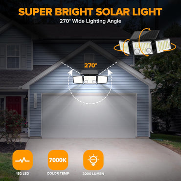 UME-Solar Outdoor Lights 3000 Lumen 7000K, 152 LED Super Bright Motion Sensor Outdoor Lights with 2 Sensors, IP65 Waterproof 270 Wide Angle Solar Flood Lights with 3 Modes for Garden