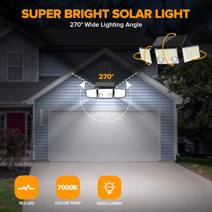 UME-Solar Outdoor Lights 3000 Lumen 7000K, 152 LED Super Bright Motion Sensor Outdoor Lights with 2 Sensors, IP65 Waterproof 270 Wide Angle Solar Flood Lights with 3 Modes for Garden