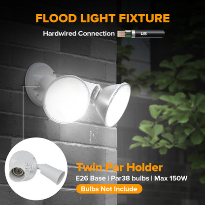 LUTEC 2 Pack Adjustable Twin Par Holder Outdoor Flood Lights, Switch Controlled Security Lights, Floodlights Fixture, Waterproof Exterior Max 300 Watt Par38 Flood Light for Garage, Yard, Porch-White
