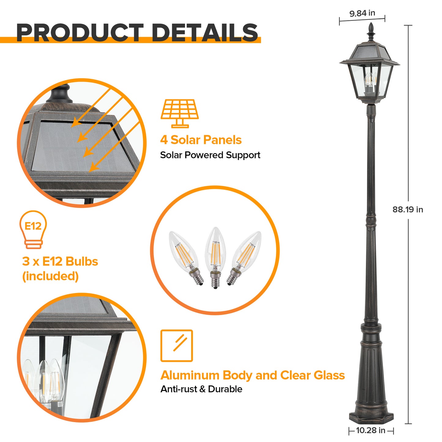 LUTEC Outdoor Solar Lamp Post Light, Dusk to Dawn 300LM Waterproof Lamp Post with 4 Pcs Glass, Exterior Solar Powered Street Light for Garden, Patio, Yard(Brown)