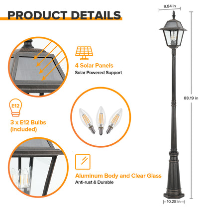 LUTEC Outdoor Solar Lamp Post Light, Dusk to Dawn 300LM Waterproof Lamp Post with 4 Pcs Glass, Exterior Solar Powered Street Light for Garden, Patio, Yard(Brown)
