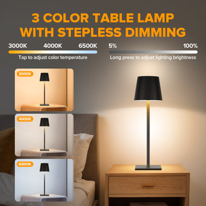 LUTEC 2 Pack Cordless Table Lamp,6000mAh Rechargeable Battery Operated Desk Lamp,Two Adjustable Heights,Waterproof, Touch Control & 3 Color Stepless Dimming for Restaurant/Bedroom/Bars/Outdoor (Black)