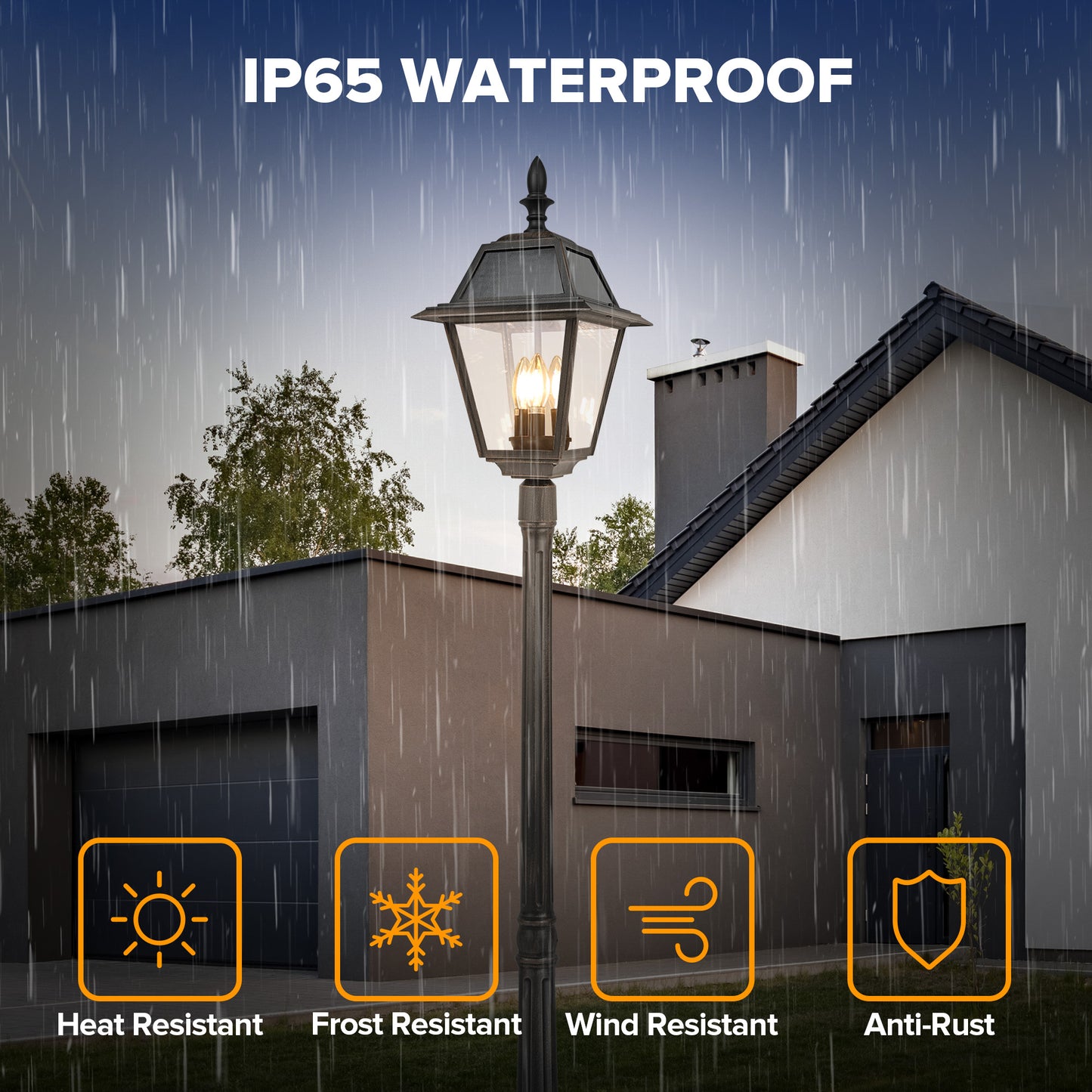 LUTEC Outdoor Solar Lamp Post Light, Dusk to Dawn 300LM Waterproof Lamp Post with 4 Pcs Glass, Exterior Solar Powered Street Light for Garden, Patio, Yard(Brown)