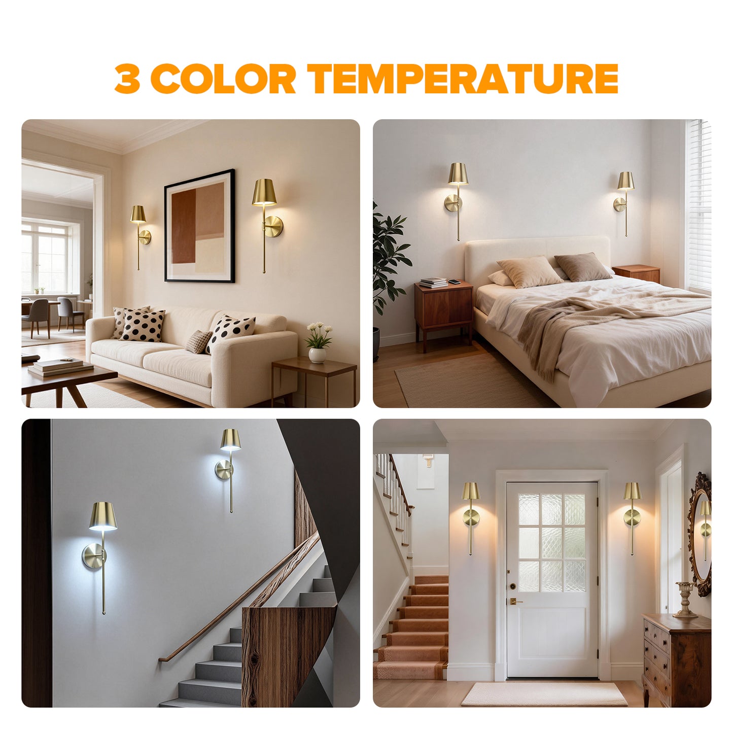 UME Wireless Sconces Set of 2 with Remote, 5200mAh Battery Powered Sconces - Rechargeable Sconces w/ 3 Color Temps & 5 Brightness Levels for Bedroom, Living Room, Wall Painting, Cafe(Gold)