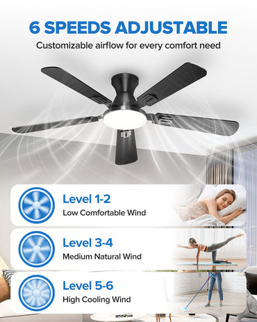 UME 52" Ceiling Fan with Lights & Remote, 6 Blades Low Profile Ceiling Fan, Quiet DC Motor, Natural Wind, 6 Speeds, 3CCT Dimmable 20W LED Modern Ceiling Fan for Bedroom, Living Room